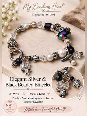 My Beading Heart by Lori - Elegant Silver and Black Beaded Bracelet NWT